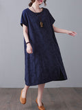 woloong Original Solid Jacquard Short Sleeve Midi Dress