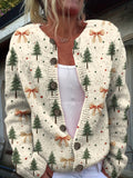 Women'S Festive 3D Printed Christmas Tree and Bow Cardigan, Crew Neck, Polyester Knit Sweater with Button Details for All Seasons