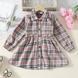 Girls' Casual Plaid Shirt Dress With Long Sleeves, Button Front And Waist Tie For Everyday Wear