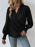 woloong Solid Color Elasticity Loose Long Sleeves V-Neck Blouses&Shirts Tops