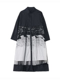 woloong Split-Joint Printed Gauze Buttoned Loose Long Sleeves Lapel Midi Dresses