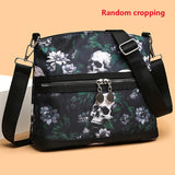 Vibrant Floral Skull Crossbody Bag for Women - Adjustable Strap, Lightweight, Multi-Functional Travel Purse with Polyester Lining, Random Printed Flowers Pattern, Casual Punk Style for Daily Commuter and Work - Zipper Closure, Nylon Material