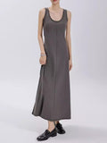 woloong Split-Joint Solid Color Sleeveless Loose Round-Neck Maxi Dresses