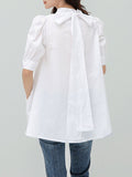 woloong Solid Color Pleated Bowknot Loose Half Sleeves Mock Neck Blouses&Shirts Tops