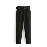 woloong black suit pants woman high waist pants sashes pockets office ladies pants fashion middle aged pink yellow pants