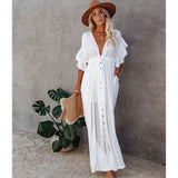 White Cover-ups Bikini Cover up Kaftan Women Long Maxi Dress Solid V neck Ladies Holiday Dress Robe Plage Tunic Women Beachwear