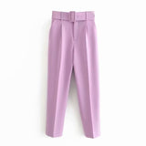 woloong black suit pants woman high waist pants sashes pockets office ladies pants fashion middle aged pink yellow pants