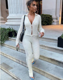 Button Ribbed Knitted Jumpsuit Two Piece Set Fall Winter Clothes Sexy White Long Sleeve Bodycon Jumpsuits