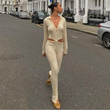 Button Ribbed Knitted Jumpsuit Two Piece Set Fall Winter Clothes Sexy White Long Sleeve Bodycon Jumpsuits