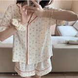 woloong  Cotton Suits with Shorts Girl Korean Women's Pajamas Kawaii Pyjama Cherry Print Pijama Short Sleeve Sleepwear Nightie Pjs