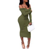 Woloong Ladies' Mid-Length Solid Color V-Neck Sweater Knit Dress