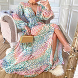 Woloong Lantern Sleeve Colorful Leopard Print Casual Maxi Dress