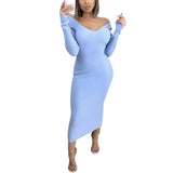 Woloong Ladies' Mid-Length Solid Color V-Neck Sweater Knit Dress