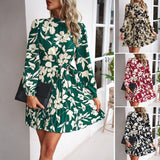 Woloong Vacation Leisure Long Sleeve Round Neck Pleated Short Printed Dress