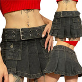 Woloong Y2k Denim Skirt 2000s Aesthetic Women Fairycore Grunge Low Waist A Line Pleated Skirts Fashion Jeans Skirt Streetwear