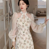 Vintage Elegant Cheongsam Dress Women Floral Embroidery Design Fairy Party Dress Female Spring Autumn Retro Long Split Dress