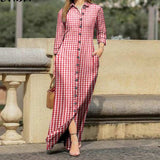 woloong  Women Long Sleeve Long Maxi Dress Summer Vintage Checked Plaid Turn Down Neck Shirt Dresses Button Up Party Vestidos Robe