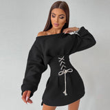 woloong  Women Solid Long Sleeve Off Shoulder Bandage Mini Dress With Corset Set  Autumn Streetwear Outfit Fashion Elegant