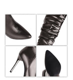 woloong  Silver gold knee high boots women pleated pointed toe thin high heels dres party shoes autumn winter long boots woman