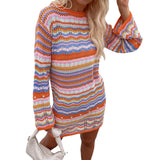 Bohemian Color Block Striped Knit Crochet Sweaters Dress Autumn Women's Long Sleeve Crew Neck Mini Bodycon Dress