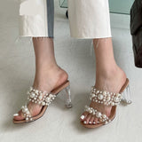 woloong New Transparent PVC String Bead Shoes Woman Fashion Open Toe Slippers Crystal Perspex Heels Slides Beach Sandale Femme