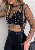 Woloong  See Through Diamond Beads Mesh Women Tops Black Long Sleeve Round Neck Short Tops Women Spring Skinny Fashion Streetwear