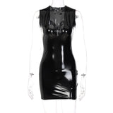 woloong   Pu Leather V Neck Sleeveless Bodycon Slim Sexy Revealing Mini Dress Fall Winter Women Christmas Halloween Party