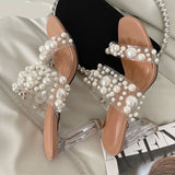 woloong New Transparent PVC String Bead Shoes Woman Fashion Open Toe Slippers Crystal Perspex Heels Slides Beach Sandale Femme