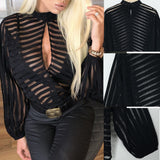 Woloong Sexy Black Women Mesh Sheer Blouses Ladies Long Sleeve Striped Front Hollow Out Transparent Shirts Blusas Mujer Camisas