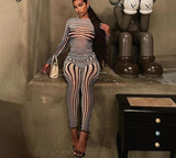 Woloong Summer Fall Women Fashion Zebra Print See Through Long Sleeves Top Leggings 2 Pieces Set Sexy Y2K Streetwear Slim