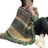 Loose Women Cape Coat Boho Knitted Tassel V Neck Colorful Irregular Hem Autumn Winter Ladies Coat Sweater Cloak Jacket Sweater