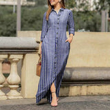 woloong  Women Long Sleeve Long Maxi Dress Summer Vintage Checked Plaid Turn Down Neck Shirt Dresses Button Up Party Vestidos Robe