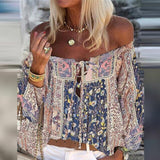 Woloong Elegant Lace-Up Tassel Chic Blouses Shirts  Summer Vintage Floral Print Boho Tops Women Sexy Off Shoulder Flare Sleeve Blusa