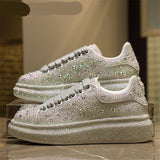 Woloong Aiertu  New Fashion Women Shoes Luxury Sports Shoes Women Designers Leather Shoes Silver Rhinestone Crystal Sneakers Tide