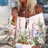 Woloong Elegant Lace-Up Tassel Chic Blouses Shirts  Summer Vintage Floral Print Boho Tops Women Sexy Off Shoulder Flare Sleeve Blusa