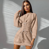 woloong  Women Solid Long Sleeve Off Shoulder Bandage Mini Dress With Corset Set  Autumn Streetwear Outfit Fashion Elegant