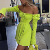 woloong  Sexy Off Shoulder Lace Up Women Dress Blue Long Sleeve Strapless Mini Dress Women Autumn Slim Fashion Streetwear Vestido