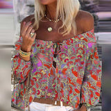 Woloong Elegant Lace-Up Tassel Chic Blouses Shirts  Summer Vintage Floral Print Boho Tops Women Sexy Off Shoulder Flare Sleeve Blusa