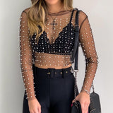 Woloong  See Through Diamond Beads Mesh Women Tops Black Long Sleeve Round Neck Short Tops Women Spring Skinny Fashion Streetwear