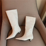 woloong Fashion Women Chelsea Booties Pointed Toe Black/White/Orange Winter Ladies Knee High Boots Woman Thin Low Heels Martin Booties
