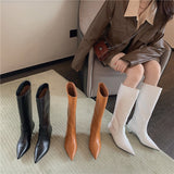 woloong Fashion Women Chelsea Booties Pointed Toe Black/White/Orange Winter Ladies Knee High Boots Woman Thin Low Heels Martin Booties