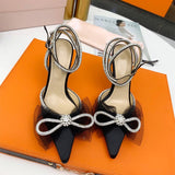 woloong Brand Fashion Big Bowknot Women Pumps Luxury Crystal Satin High heels Party Prom Shoes Ankle Strap Summer Wedding Bridal Shoes