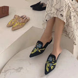 woloong  Spring Women Slipper Embroidery Flower Sandal Shoes Slip On Pointed Toe Mules Low Heel Casual Slides Big Size 41