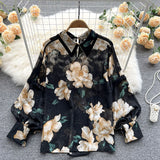 Autumn Puff Sleeve Shirts Blouse Women Floral Long Sleeve Lapel Buttons Vintage Shirts Elegant Blouses Tops Female GD631