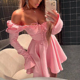 woloong  Sexy Off Shoulder Lace Up Women Dress Blue Long Sleeve Strapless Mini Dress Women Autumn Slim Fashion Streetwear Vestido