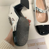 woloong Luxury Designer Women Thick High Heels Shose Chain Square Toe Pumps Spring Square Toe Shoes Wedding Shoes Mary Jane Sandals