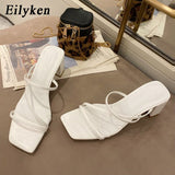 woloong Elegant Women Dress Shoes Summer Outdoor Beach Clip Toe Narrow Band Square Heels Slippers Fashion Peep Toe Sandalen