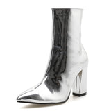 Fashion Gold Silver Patent Leather Women Ankle Boots Pointed Toe Square High Heels Shoes Chelsea Botas De Mujer