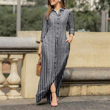 woloong  Women Long Sleeve Long Maxi Dress Summer Vintage Checked Plaid Turn Down Neck Shirt Dresses Button Up Party Vestidos Robe