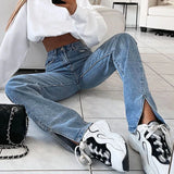 Woloong Women Casual High Waist Solid Straight Jeans Side Split Blue Denim Trousers Solid Streetwear Jeans Baggy Pants Pantalons Capris